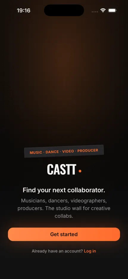 The Castt welcome screen on a phone, with the app name above a line reading Find your next collaborator.