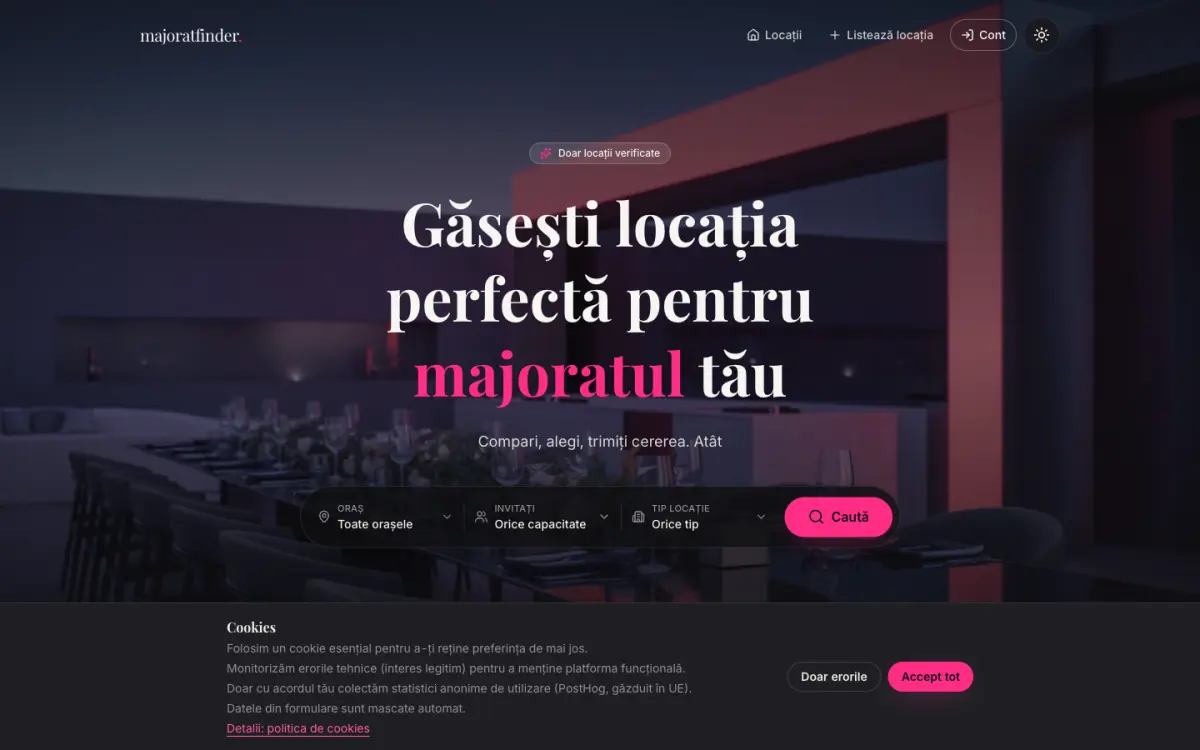 The MajoratFinder home page, with the venue search running across the top of a photograph of an event space.